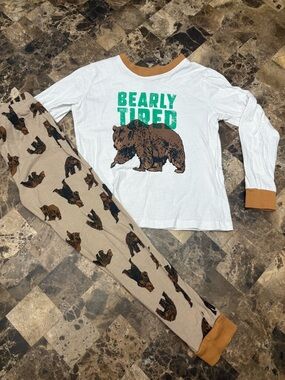 George White and Tan 'Bearly Tired' Bear Print Pajama Set